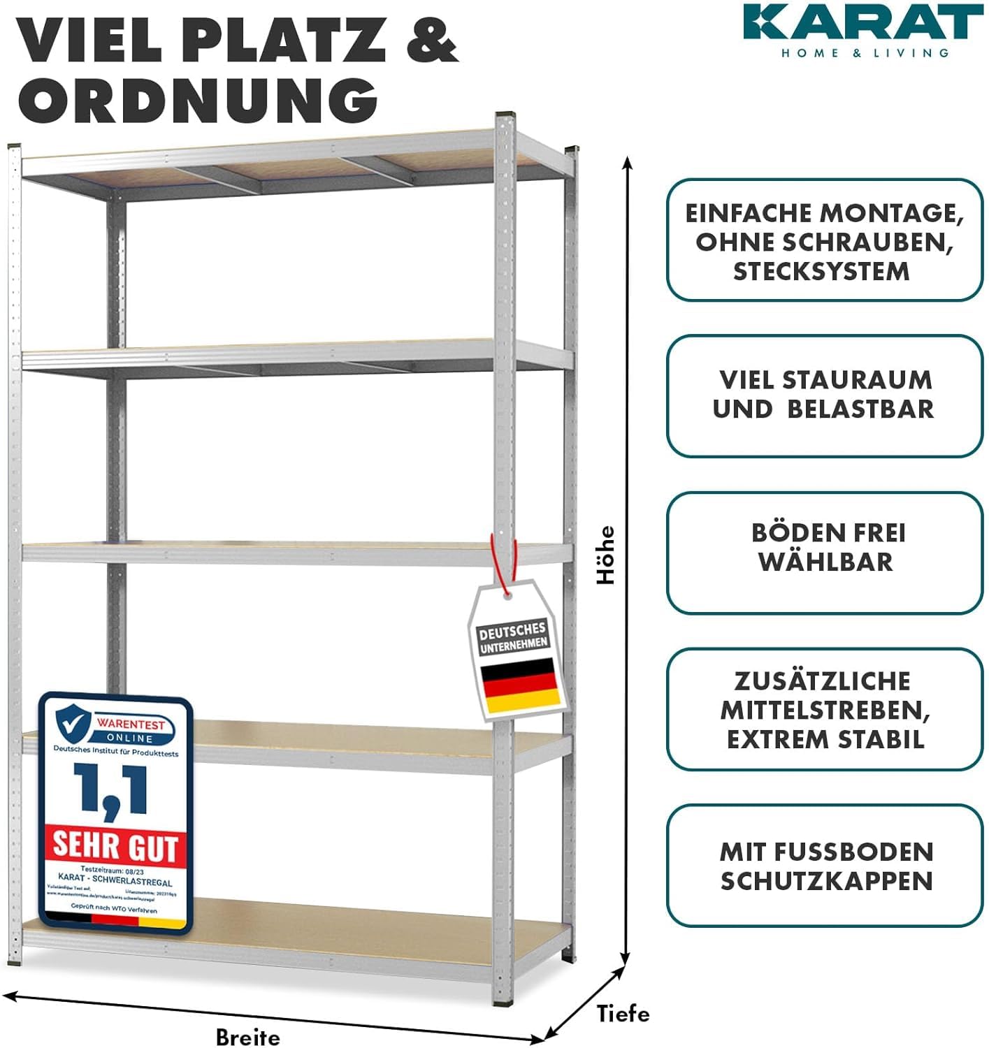 KARAT Estantería para cargas pesadas para garaje, sótano, taller, estantería sin tornillos, estantería ancha, estantería de almacenamiento, estantería esquinera, estantería para neumáticos, estantería