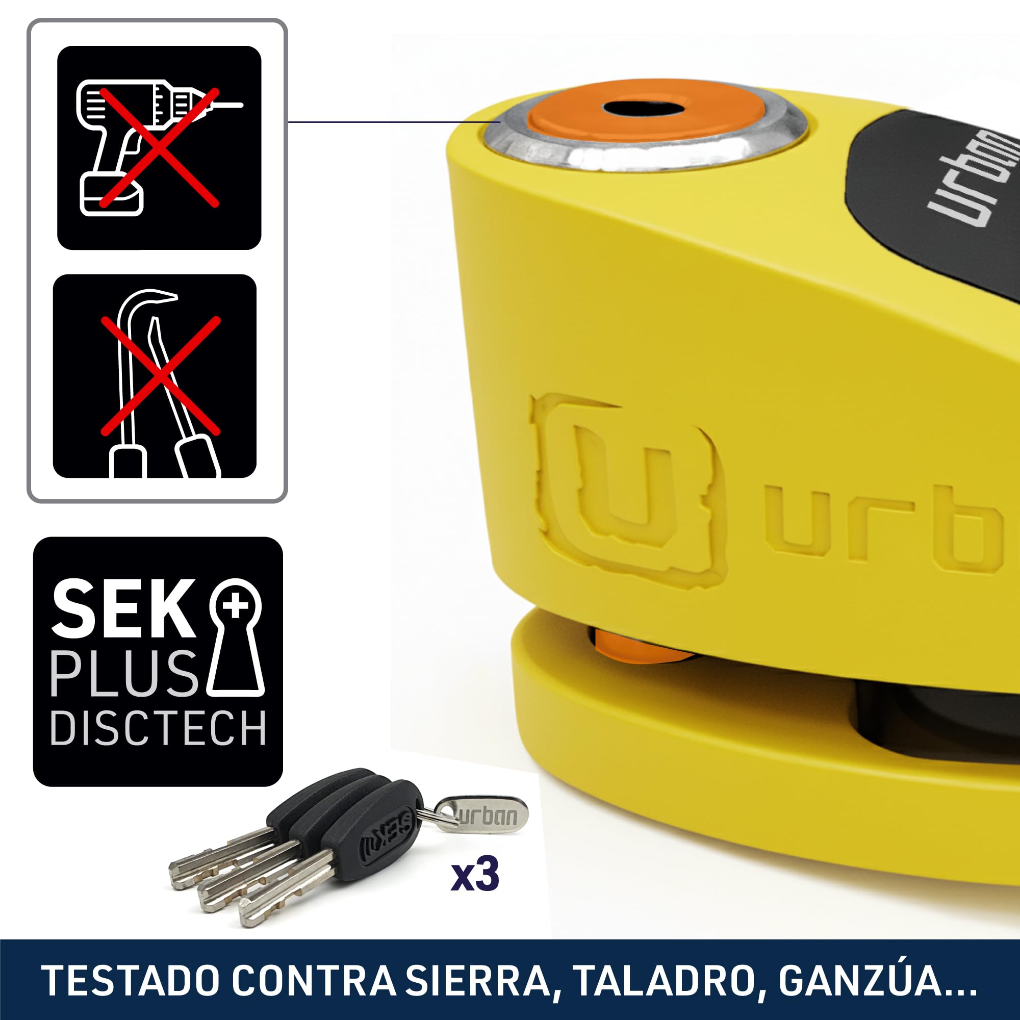 URBAN UR910Y Candado Moto con Alarma 120 dB, Amarillo+Negro Acero Inox Pintado +Disuasorio, Homologado SRA & Sold Secure Gold, Doble Cierre Ø10mm, Bateria CR2, Antirrobo Pinza Cepo Disco Freno Scooter