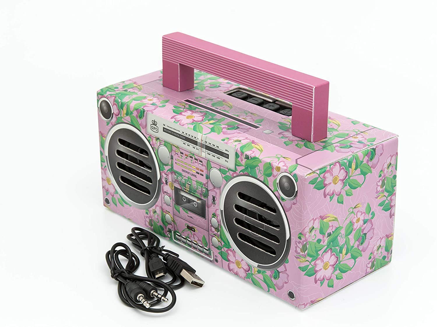 GPO Bronx Mini Bluetooth Speaker. Compact Retro Portable Speaker with Rechargeable Battery Includes USB Port, TF Card Port & Aux - Floral Pink