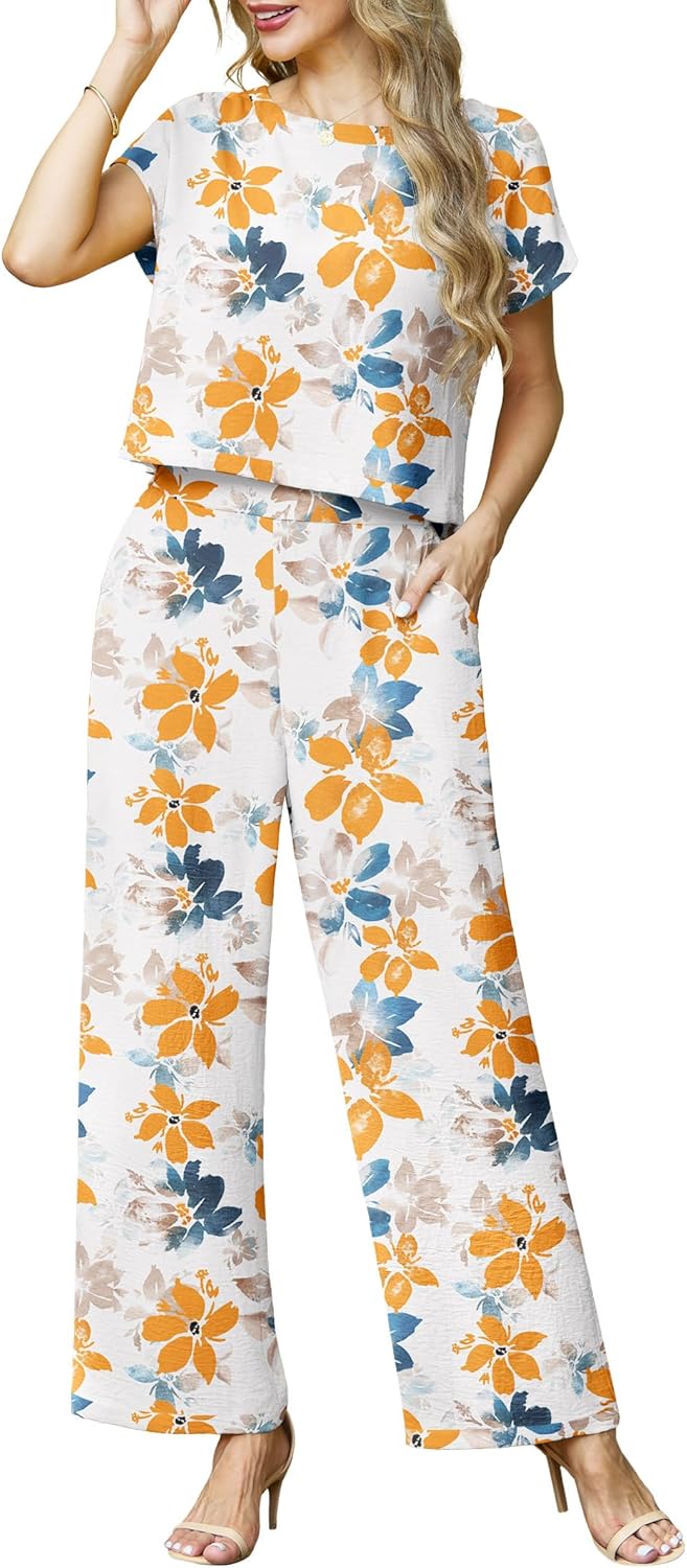 Lepunuo 2 Piece Sets for Women Summer Cap Sleeve Crop Top Wide Leg Pants Matching Lounge Set Vacation Beach Travel Outfits