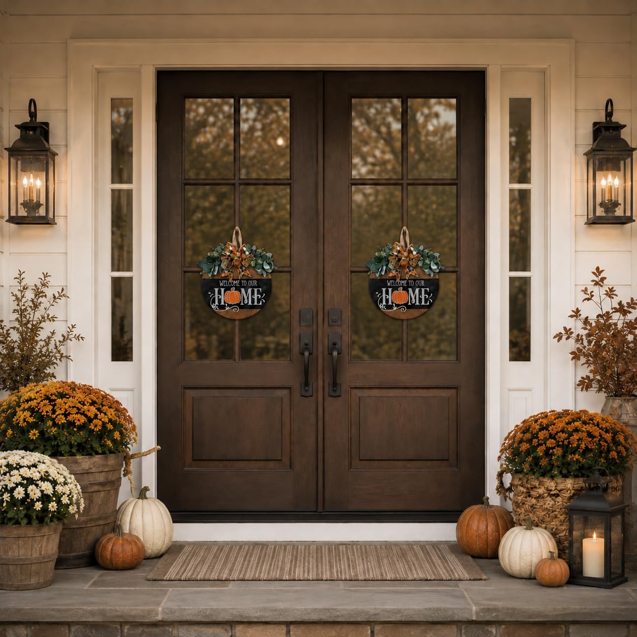 Fall Door Sign for Front Door, Round Wooden Fall Door Hanger with Pumpkin Wreath Decor, Welcome to Our Home Autumn Porch Sign, Thanksgiving Harvest Decorations for Home Porch Wall Outdoor