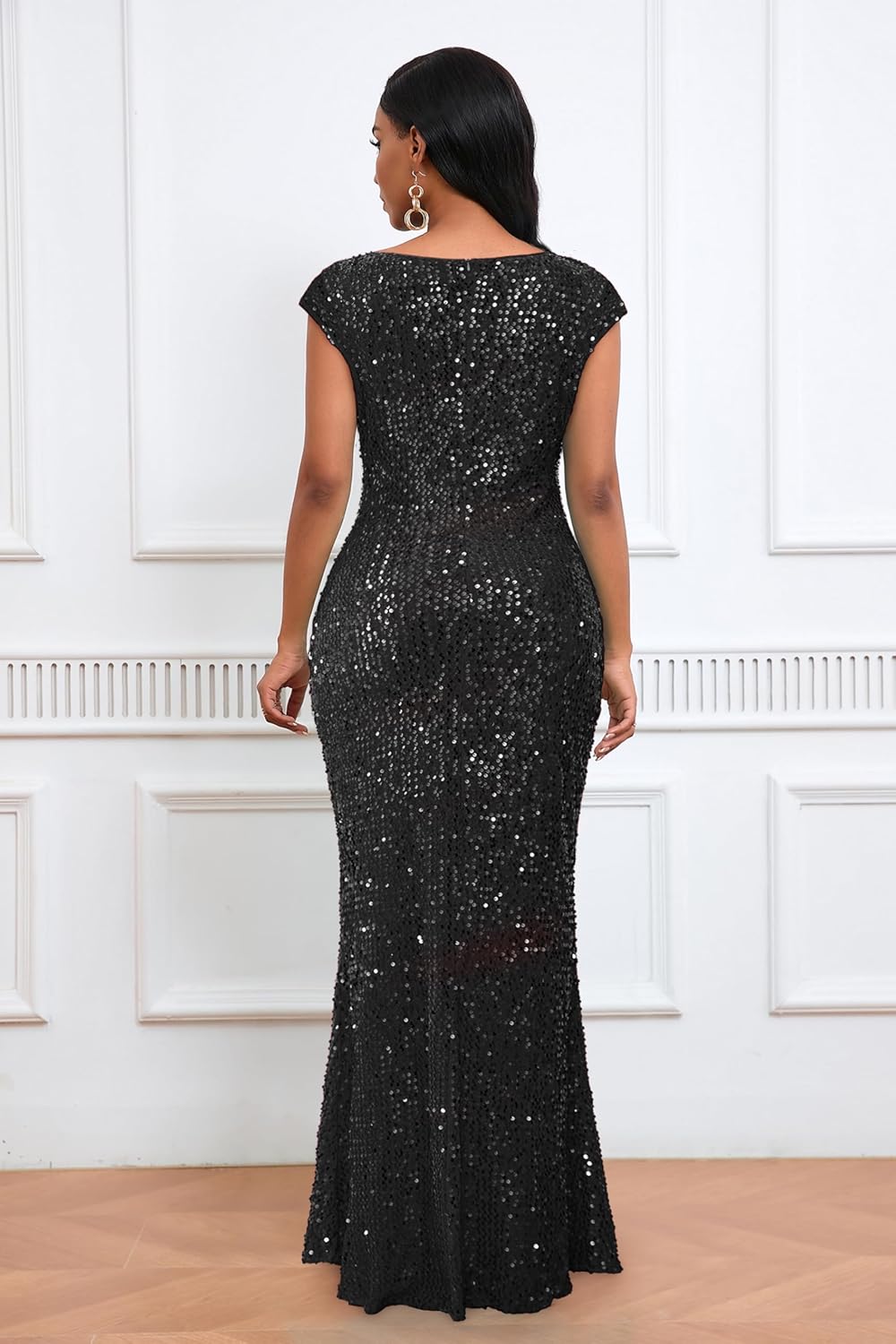 VERWIN Short Sleeve V Neck Bodycon Casual Party Cocktail Evening Mermaid Sparkly Maxi Sequins Dress - Image 2
