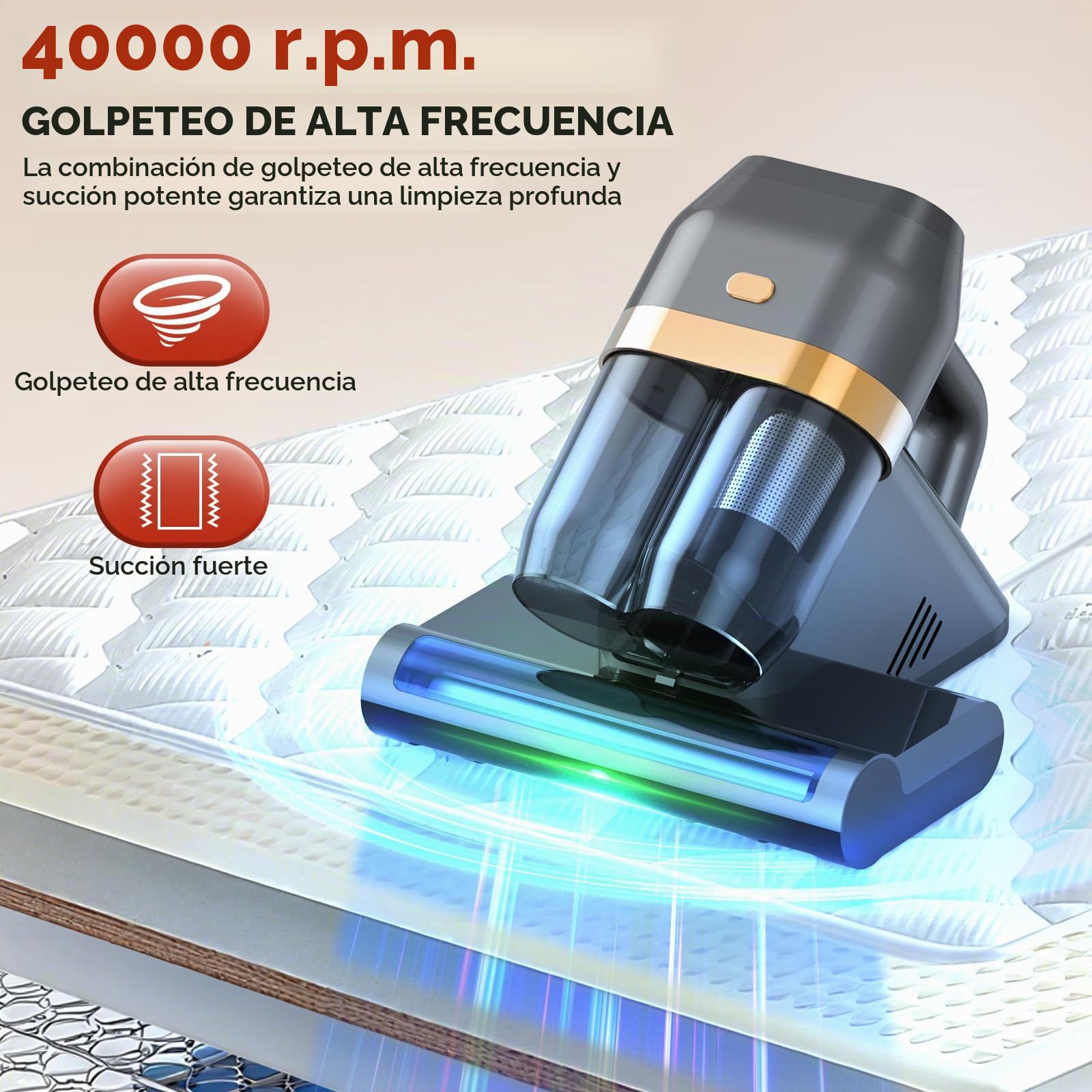 Aspiradora Antiácaros,500W16 kPa de Succión, Luz UV-C 253.7 NM, Velocidad 40,000 RPM, Filtro HEPA y Caja de Recolección de Polvo Doble, Aspirador Antiácaros para Camas y Sofás