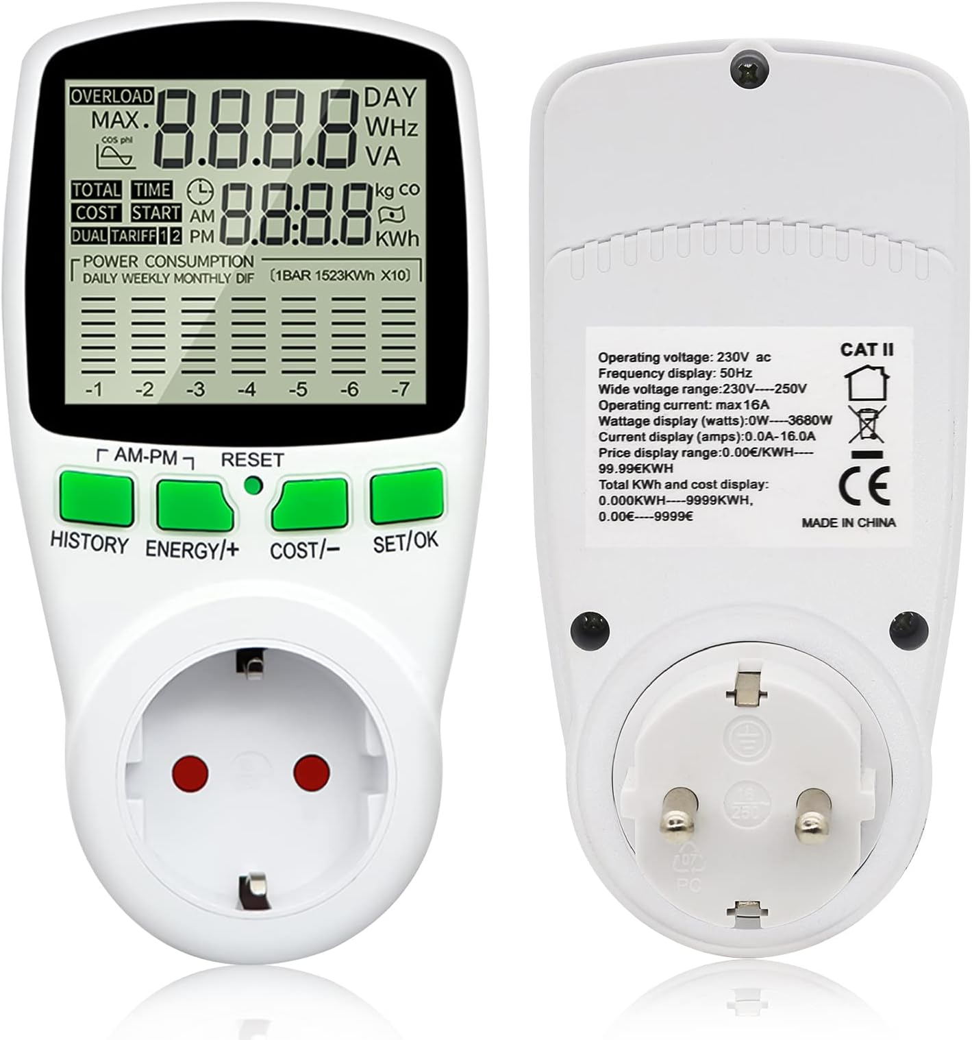 Ammeter for Balcony Power Plant, Mini PV System, Mini Solar System, Electricity Meter for Socket with 11 Monitoring Modes, 3680 W, Energy Cost Meter with Overload Protection (A)