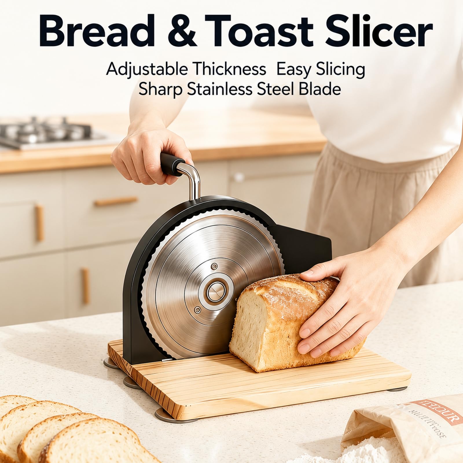Cortadora Manual de Pan, Rebanadora con Manivela Ajustable 1–20 mm | Cuchilla Dentada, Base de Madera Plegable y Ventosas para Pan, Tostadas, Bollería, Queso y Salchichas(black)
