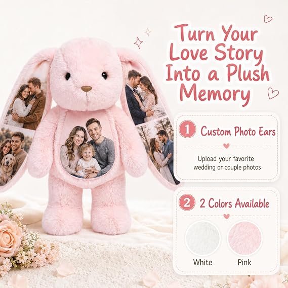 Custom Bunny Stuffed Animal with Photos in Ears, Personalized Stuffed Bunny Plush with Photo | Custom Photo Bunny Plush, Anniversary Wedding Birthday Gifts for Men Women Couples 2026