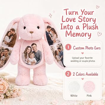 Custom Bunny Stuffed Animal with Photos in Ears, Personalized Stuffed Bunny Plush with Photo | Custom Photo Bunny Plush, Anniversary Wedding Birthday Gifts for Men Women Couples 2026