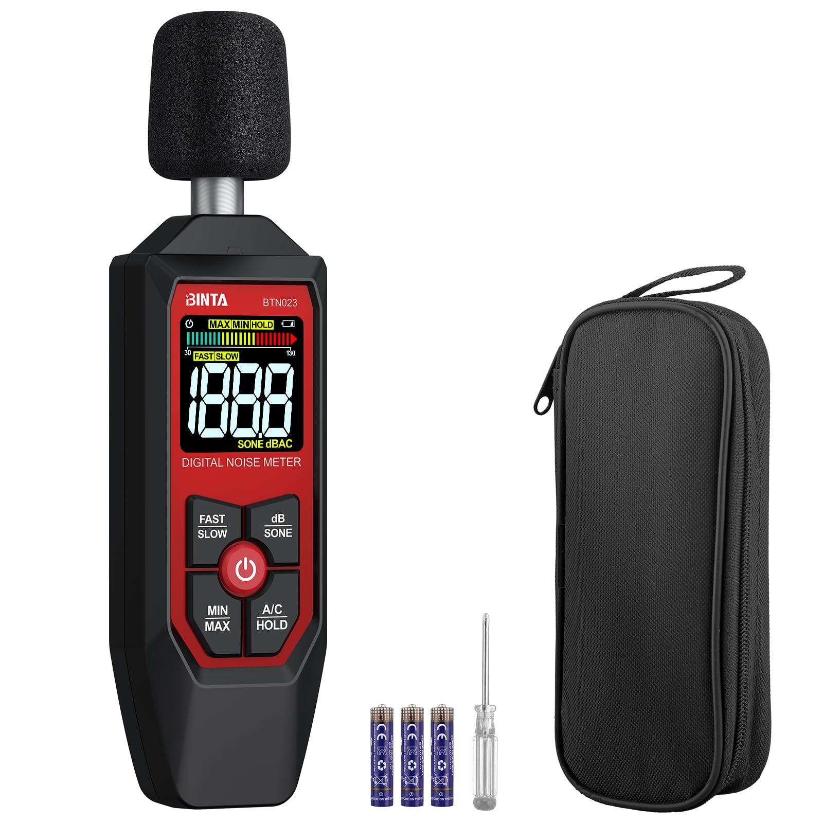 BINTA Medidor Decibelios Decibelímetro Sonómetro Medidor Digital de Nivel de Sonido con A/C Ponderación, Rango 30-130dB,Max/Min, Unidad dB/SONE, Retención de Datos para Casa Oficina Fábrica Vecino