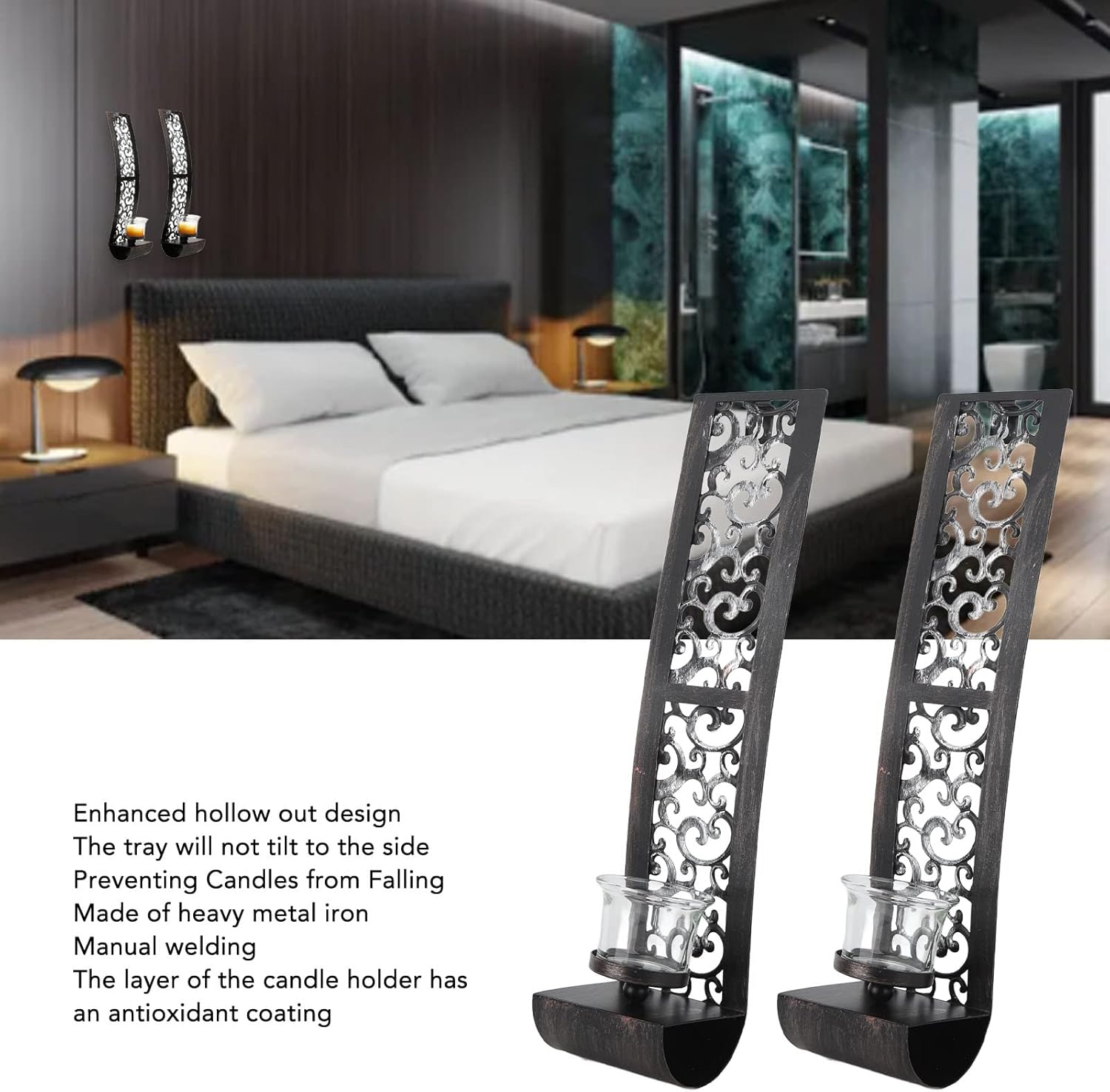 Wall Candle Sconce Holder, 2pcs Hanging Wall Candleholders Antique Set of 2 Candle Scones, Exquisite Iron Wall Art Decorations for Living Room Bathroom Home Restaurant Office