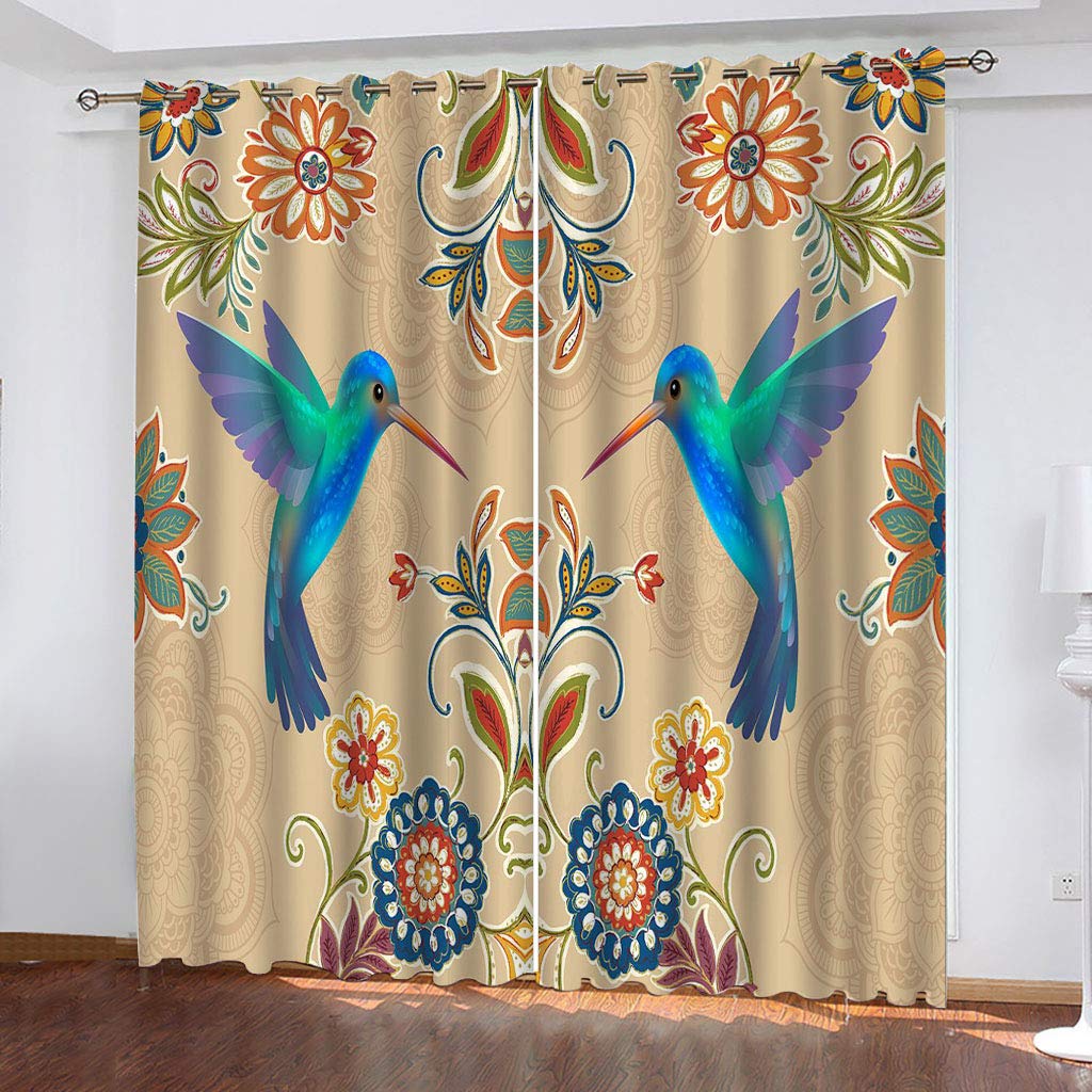 Vorhänge Kinderzimmer Junge 3D Blaue Vogelblume Jungen Kinder Mädchen, Blickdicht Dekor Schlafzimmer 140x240 cm Verdunkelungs Fenster Vorhang Panels, Gardinen Mit Ösen
