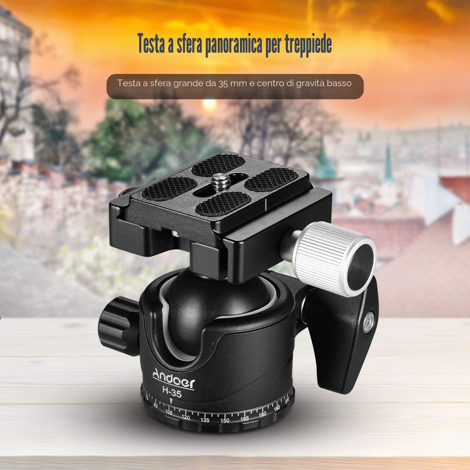 Testa a Sfera Basso Profilo, Andoer H-35 Testa per Cavalletto Girevole a 360 gradi per Monopiede e Treppiede della Fotocamere, Lega di alluminio, Max carico 15 kg con borsa per il trasporto