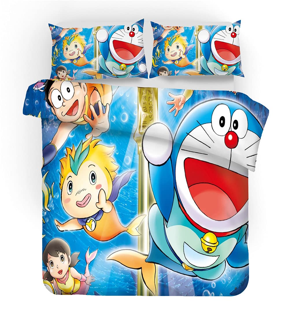 Set Letto Doraemon In Microfibra - Copripiumino 135x200 Cm + Federa 48x75 Cm, Stampa 3D, Morbido, Traspirante