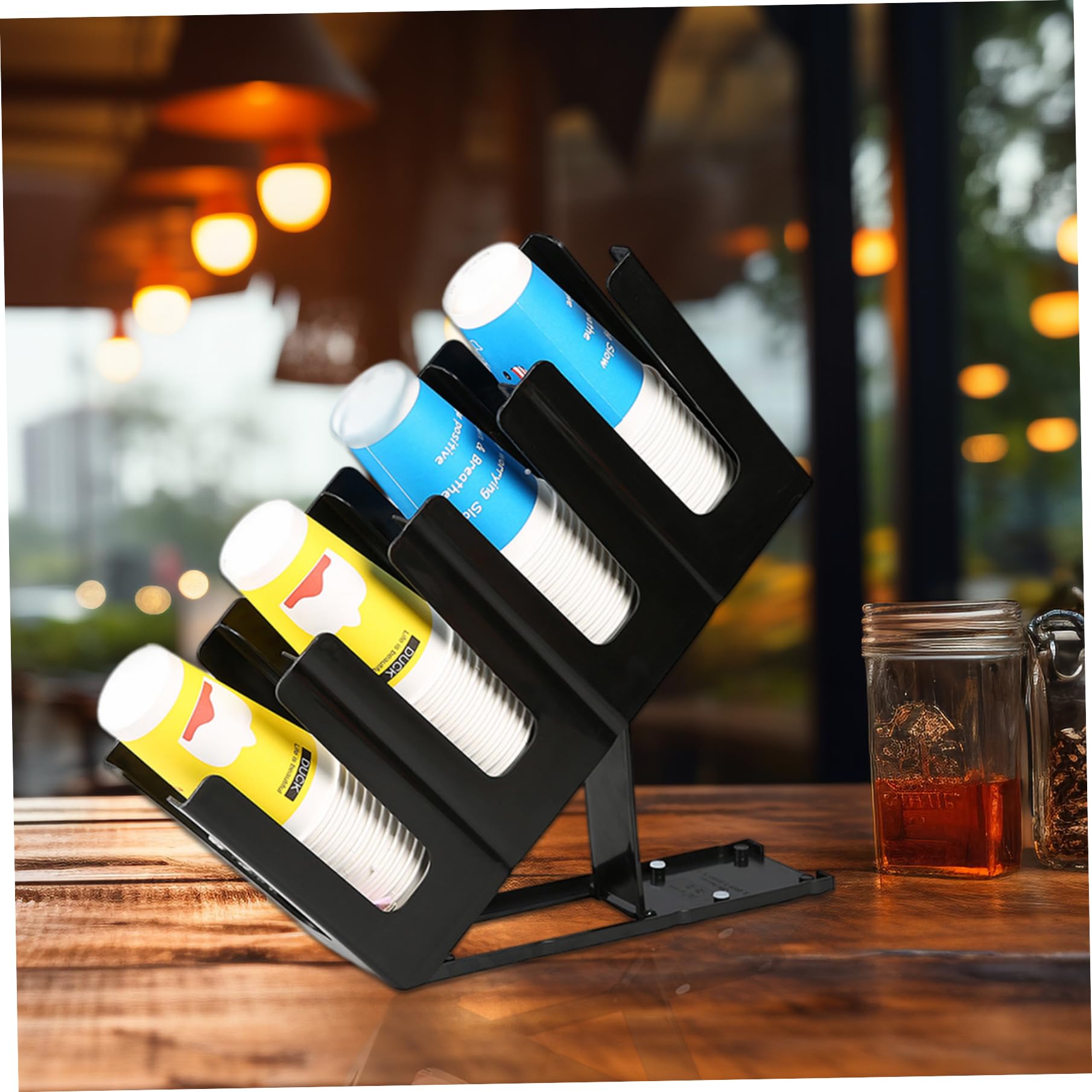 Portavasos de papel 18x5x9.5 Portavasos desechables de plástico negro con 4 compartimentos con base ajustable para ajuste de altura para restaurante, oficina, habitación de invitados, cafetería