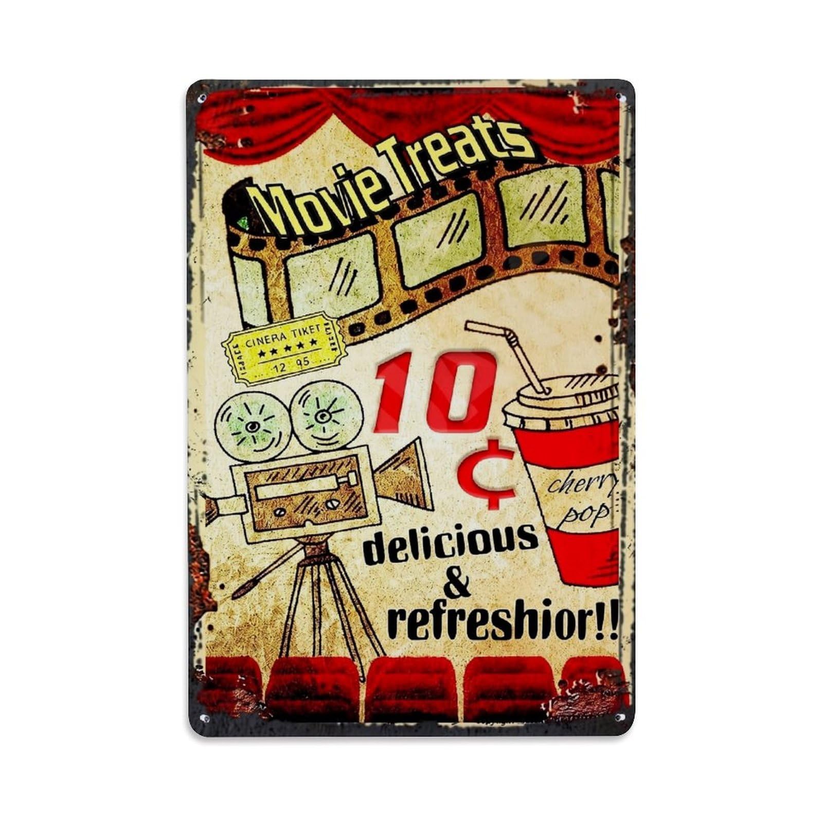 Jdfenggu Vintage Movie Treats Cinema Popcorn Drink Retro Metal Tin Sign, Decor Art Poster For Bar, Home, Man Cave, Kitchen, Laundry Room Gift 8X12inch