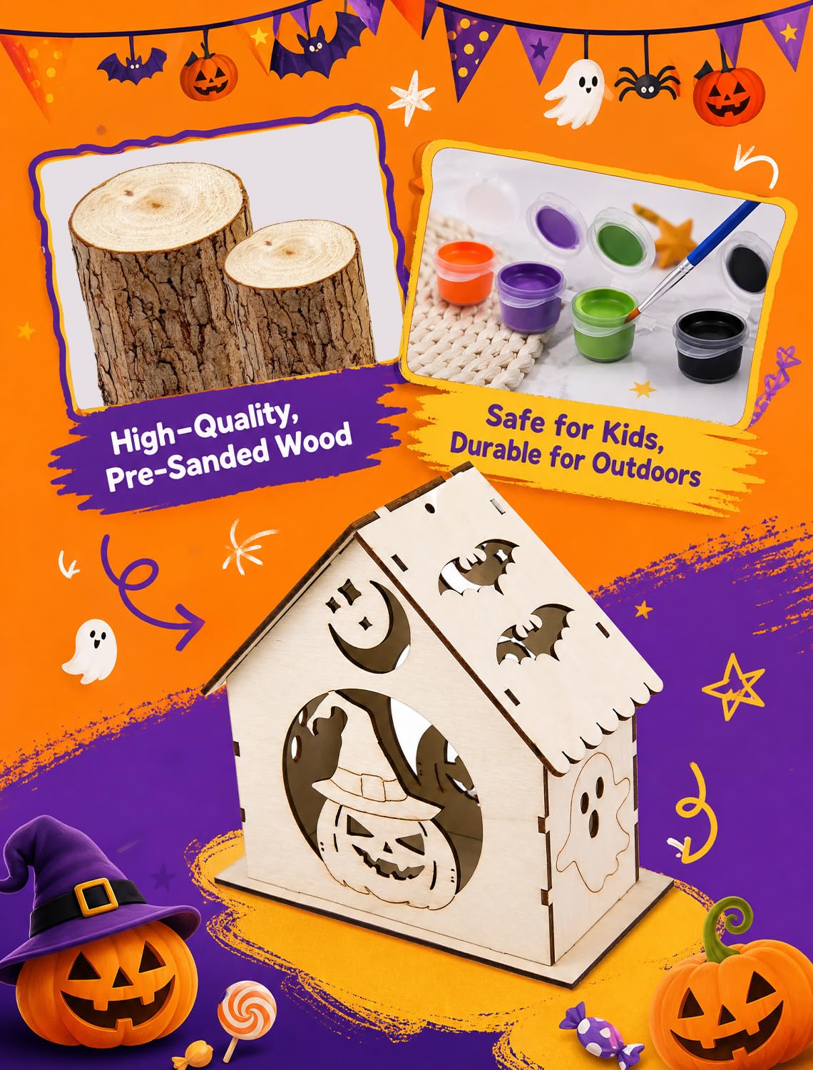 hapray 12 piezas de manualidades de casa de Halloween, kit de pintura de calabaza de madera para niños