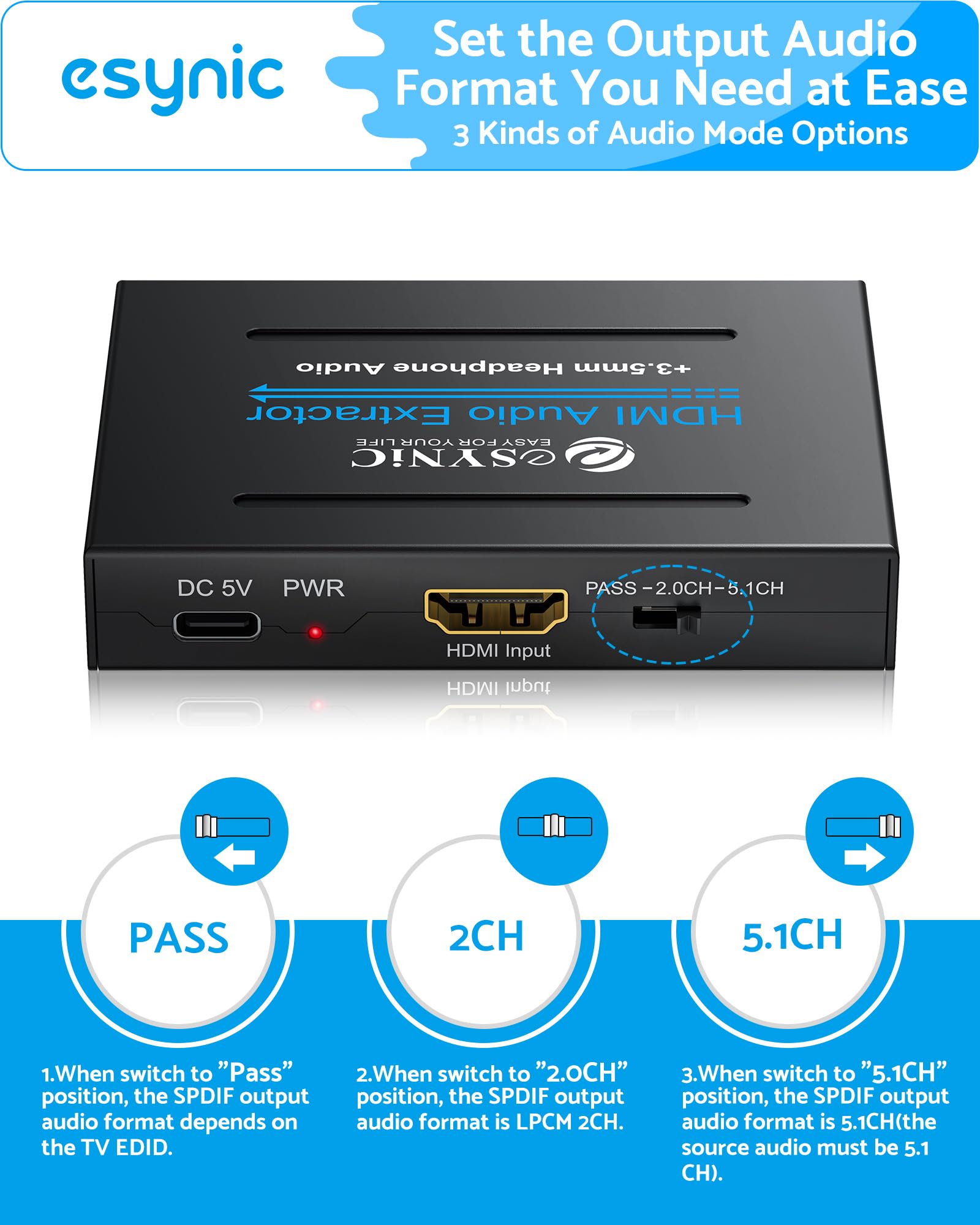 eSynic Profesjonalny ekstraktor HDMI audio, adapter optyczny 4K HDMI, rozdzielacz audio z SPDIF, L/R i wyjściem 3,5 mm do PCM2.0, Dolby, DTS5.1