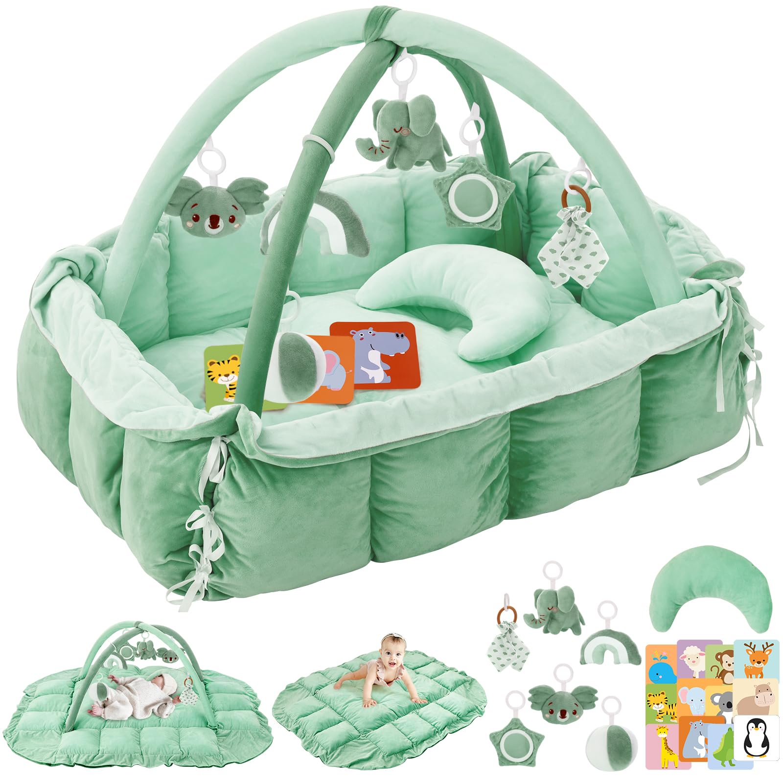 Gimnasio de juegos de peluche 5 en 1 para bebés, colchonetas de juego para bebés, gimnasio convertible para bebés con almohada, colchoneta para tiempo boca abajo, cama para bebés, 6 juguetes sensoriales, centro de actividades desde recién nacido hasta niño pequeño, cama para gatos y perros, piscina de pelotas, color verde salvia