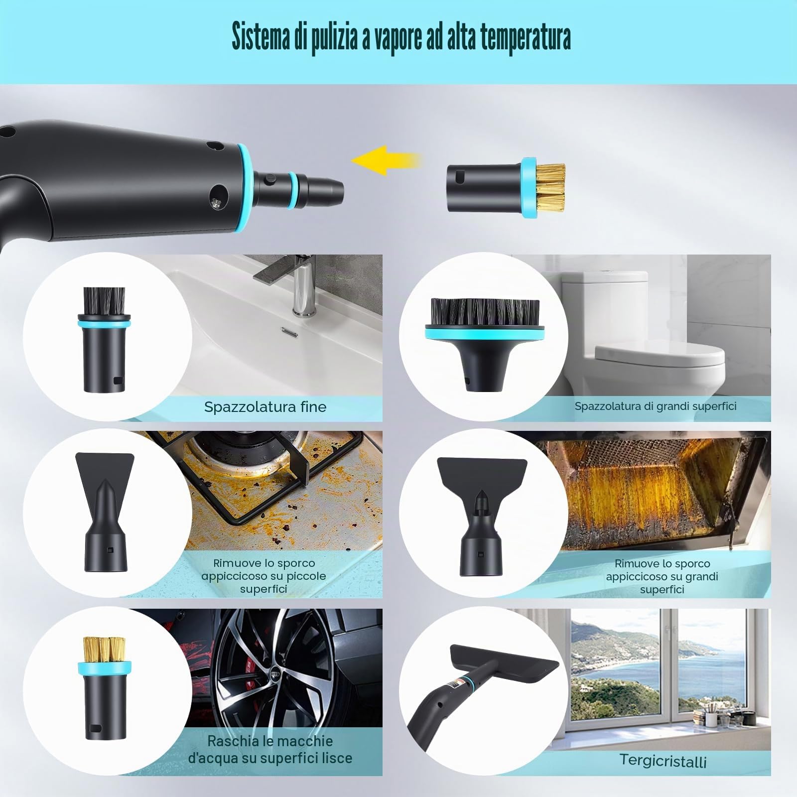 Pulitore a Vapore Portatile 2500W, 4.5BAR Alta Pression, Riscaldamento 15s, Serbatoio 1250ml, 9 Accessori, 2m Tubo - Per Cucina, Auto, Pavimenti, Finestre, Barbecue con 3 Livelli Vapore