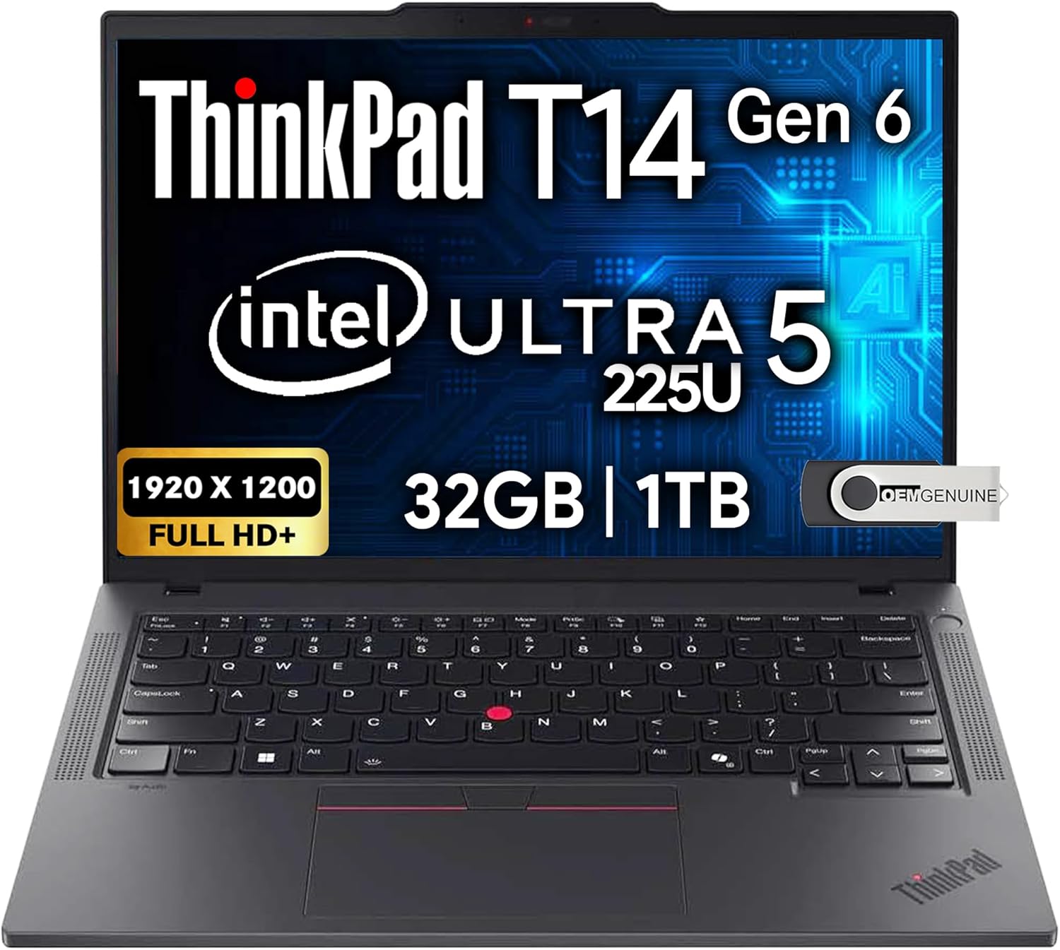 Lenovo ThinkPad T14 Gen 6 Business Laptop 14" FHD+ IPS, Intel Ultra 5 225U, 32GB DDR5 RAM, 1TB SSD, 5MP HD Webcam, Fingerprint, Backlit, Wi-Fi 6E, 2 Thunderbolt 4, AI PC