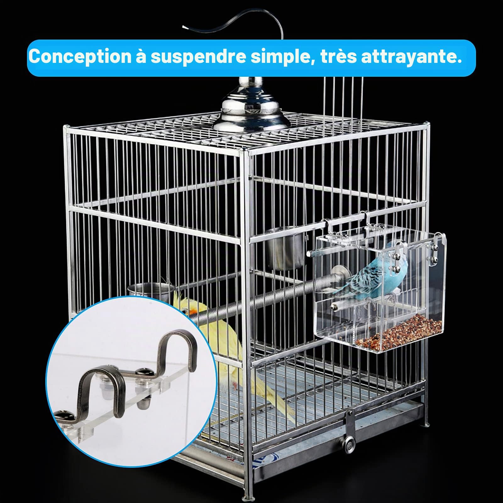 Mangeoire à Oiseaux sans désordre, récipient Automatique à graines pour Cage, Acrylique, Convient pour Les Oiseaux de Petite et Moyenne Taille