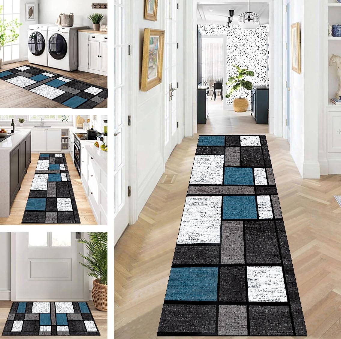 Tappeto antiscivolo nero e blu, 40 x 500 cm, tappetino personalizzabile per soggiorno, camera da letto e corridoio, design versatile per qualsiasi spazio