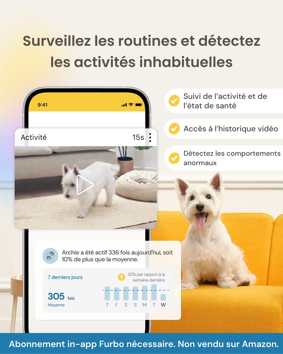 Furbo Caméra pour Chien 360° HD Intelligente avec Vision Nocturne, Suivi Auto, Lancer de Friandises, Alerte Aboiement
