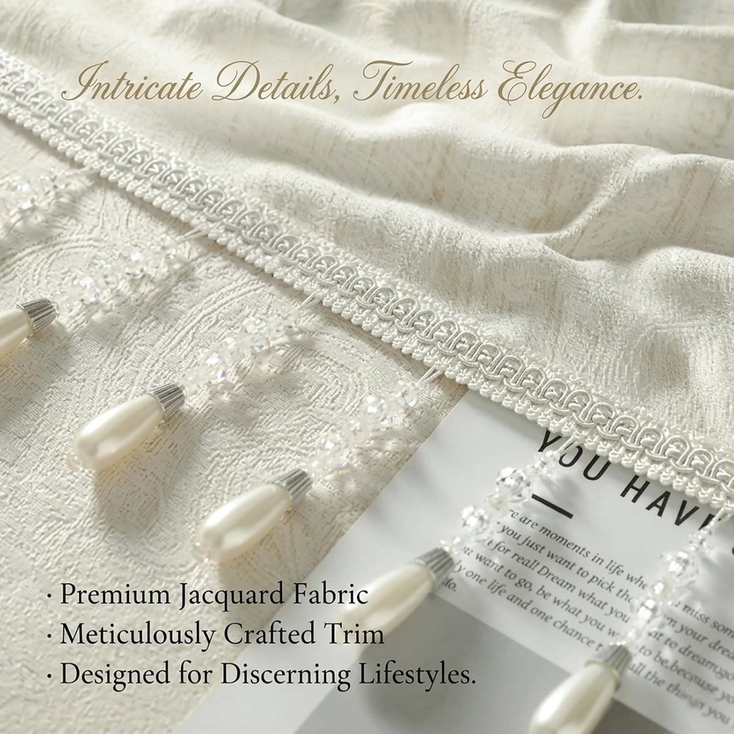 Leeva Triangle Jacquard Valance for Windows, Crystal Bead Tassel Window Topper, 52 x 18 Inch, Creamy White