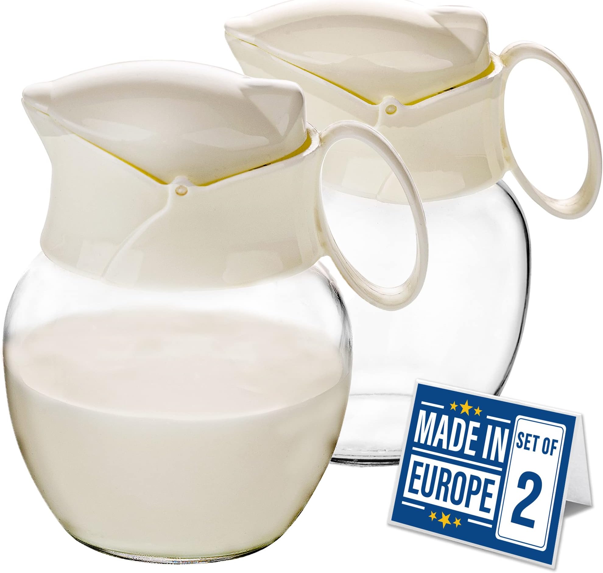 CRYSTALIA Creamer Pitcher with Handle and Lid, 210cc, Set of 2, Small Glass Body and BPA-Free Plastic Lid, Multi-Purpose Pourer