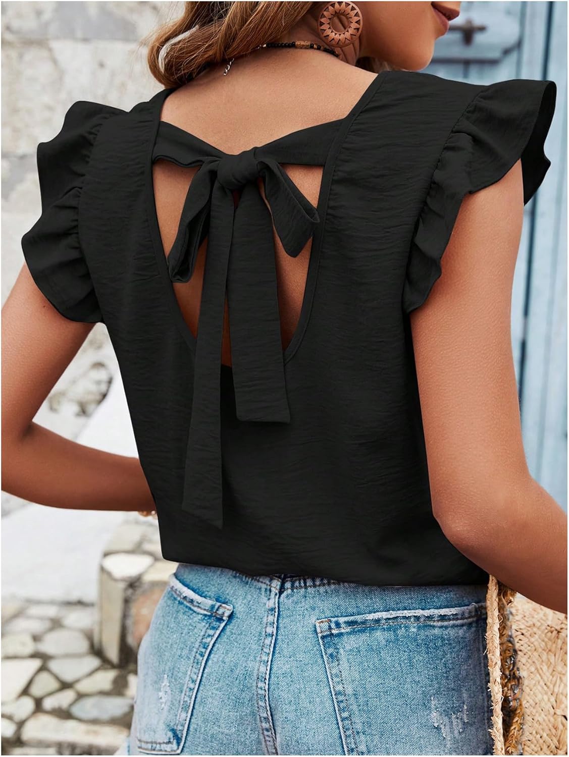 OYOANGLE Women's Bow Tie Back Ruffle Cap Sleeve Blouse Crew Neck Dressy Casual Summer Tops - Image 3