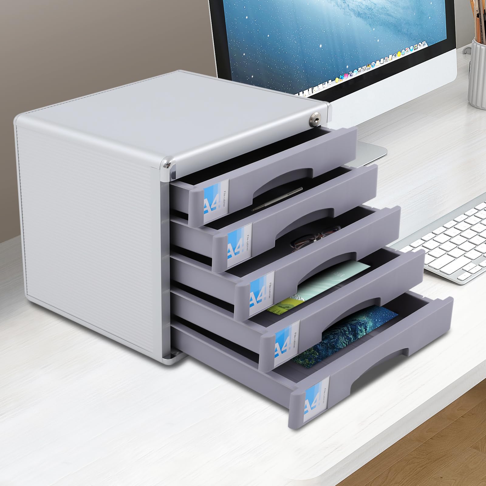 Modulo di archiviazione, organizer da scrivania a 5 livelli bloccabili, scatola con 5 cassetti per documenti A4+, cornice in alluminio, etichette scrivibili, 30 × 36 × 30,5 cm