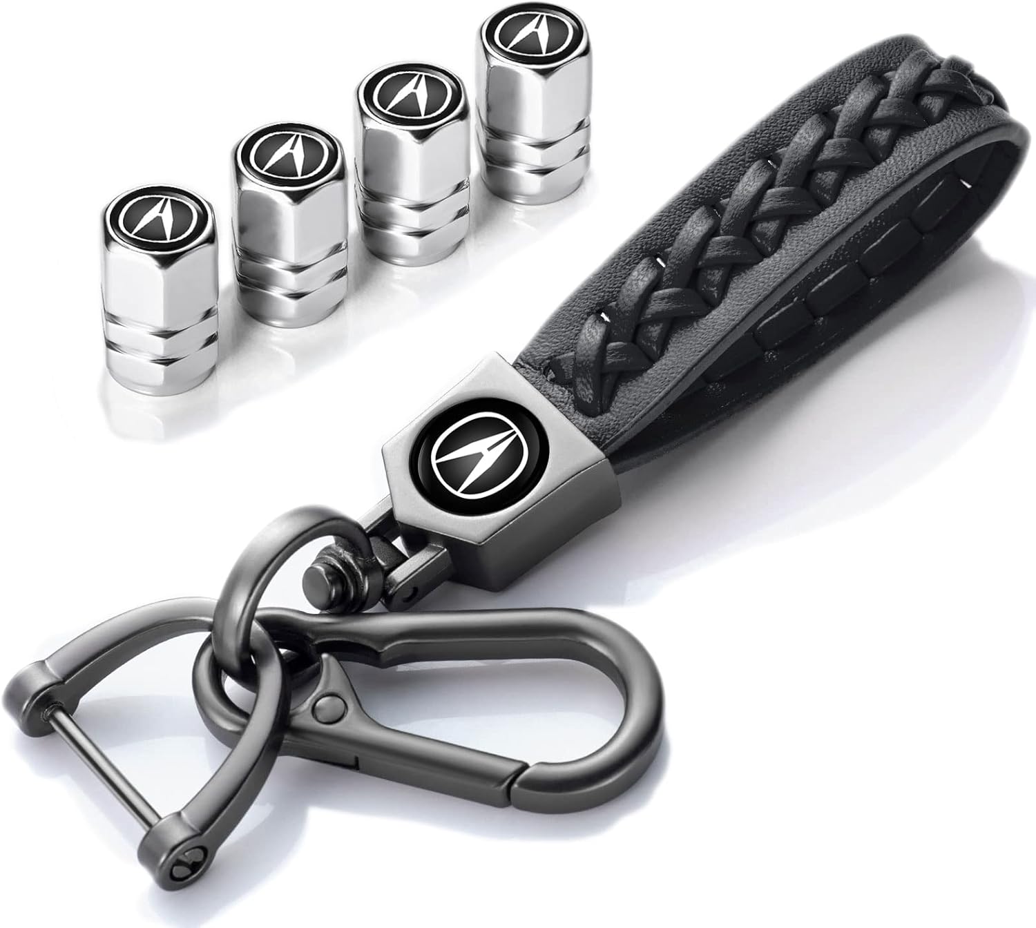 Car Tire Valve Stem Caps with Genuine Leather Keychain Suit