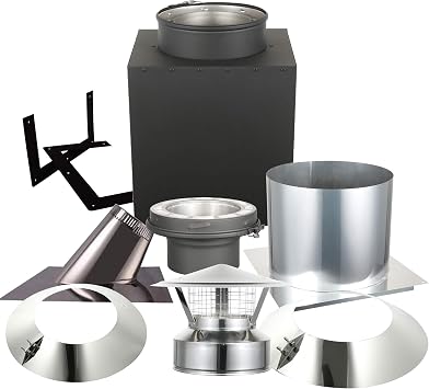 AllFuel HST Through The Attic Kit with Spark Guard Chimney Cap for 6" Diameter 304 Stainless Steel Class-A Double Wall Chimney Pipe 24" Square Ceiling Support Box, 7/12-12/12 Pitch Roof Flashing