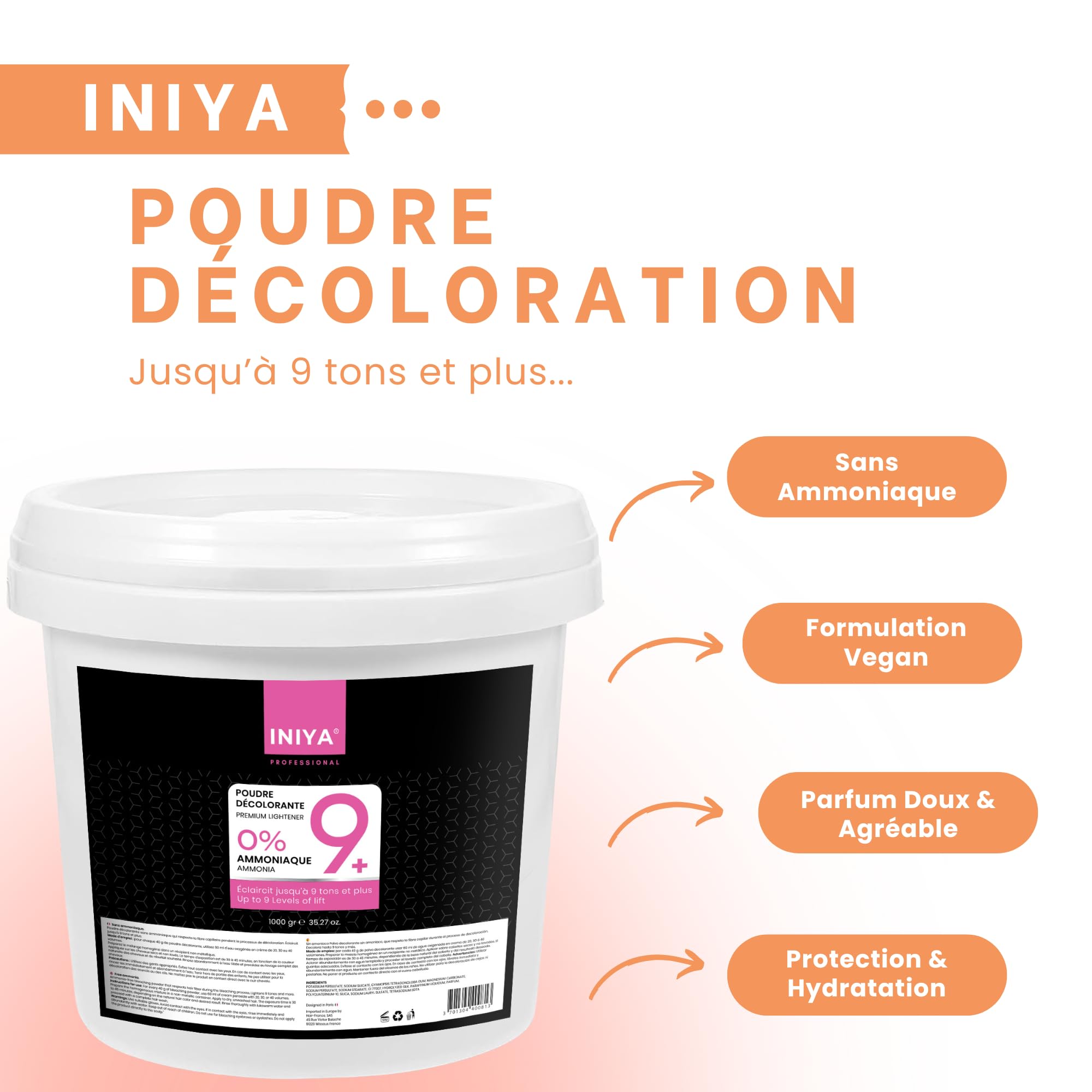 Poudre Décolorante 9 tons Sans Ammoniaque 1kg | Iniya Blond Premium Lightener 9+ | Poudre Deco Sans Ammoniaque Sans Odeur Format 1kg | Marque Française
