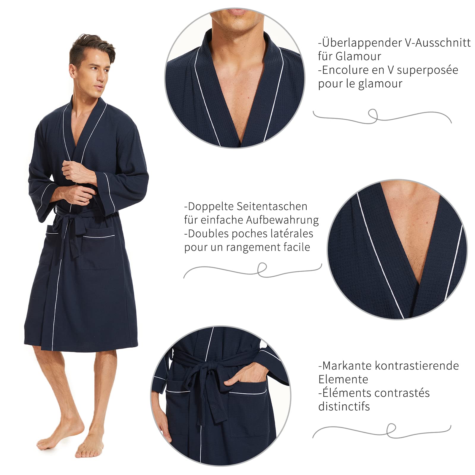 Mnemo Leichter Bademantel Herren Baumwolle Kimono Waffle Morgenmantel