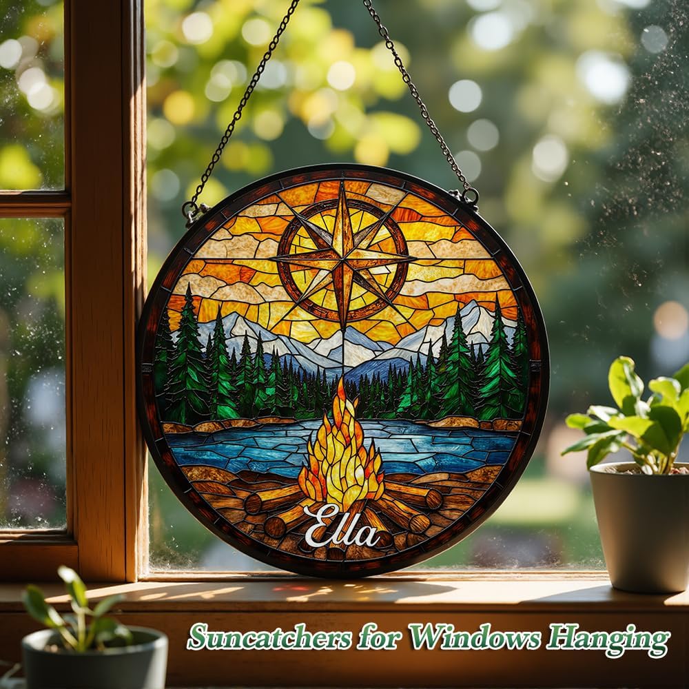 Custom Name Stain Glass Window Hanging Camping Decor Personalized Compass & Bonfire Window Art Mountain Forest Tree Suncatcher Adventure Theme Gift for Hiker for Dad 12in