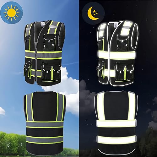 Miniatura 4 de Ekkosafety Chaleco de seguridad reflectante para hombres y mujeres, con 9 bolsillos y cremallera frontal, chaleco de trabajo de alta visibilidad,