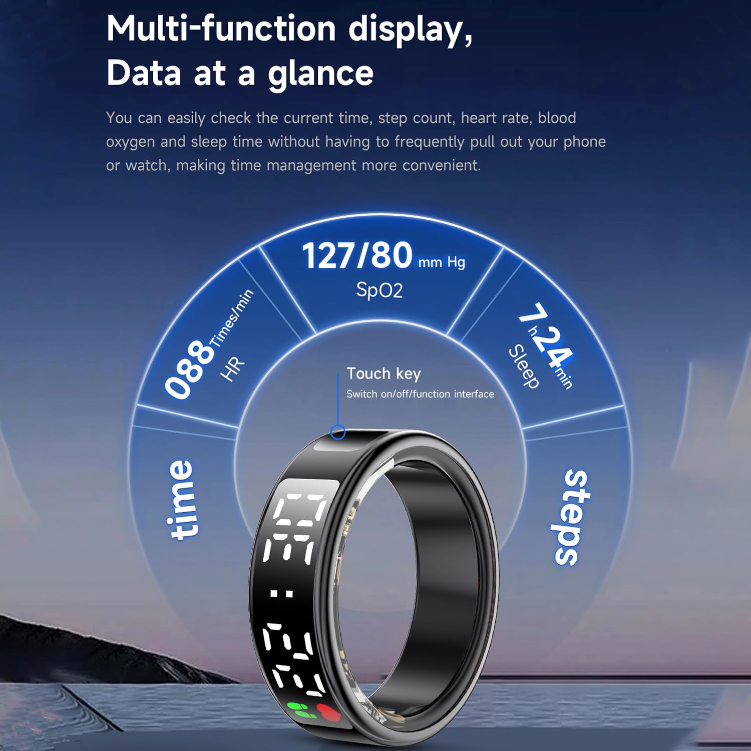 LONGLU Anillo Inteligente Unisex con Pantalla LED, Tracker Deporte Frecuencia Cardíaca/Oxígeno Sangre/Sueño/Deporte 5ATM Impermeable, Monitor Salud para iPhone y Android (Negro, 10)