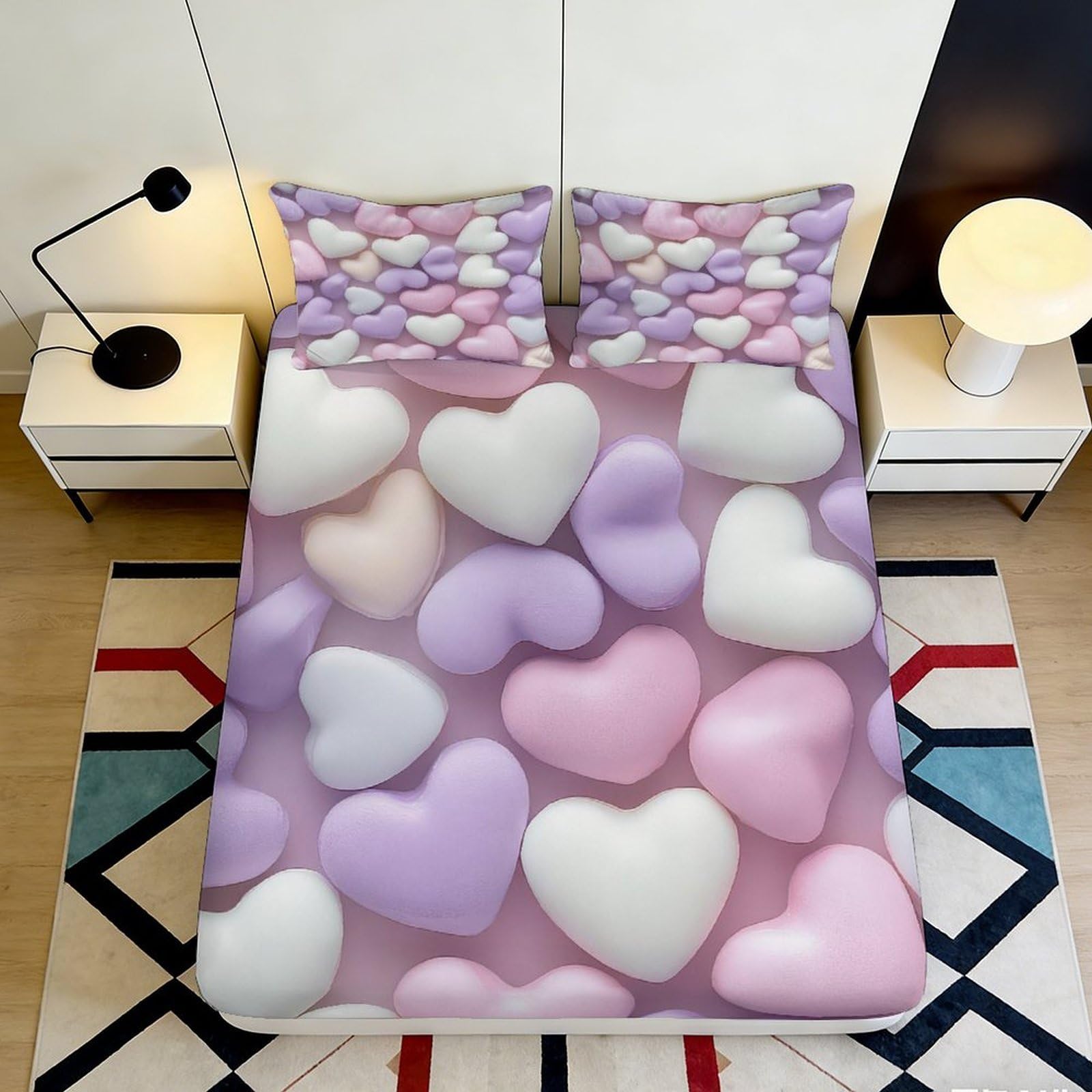 3D Printed Pastel Hearts Fitted Sheet Microfiber Soft Breathable 3D Printed Heart Pattern Bed Cover for Bedroom Dormitory Guest Room Mattress Protection 180x200x25cm