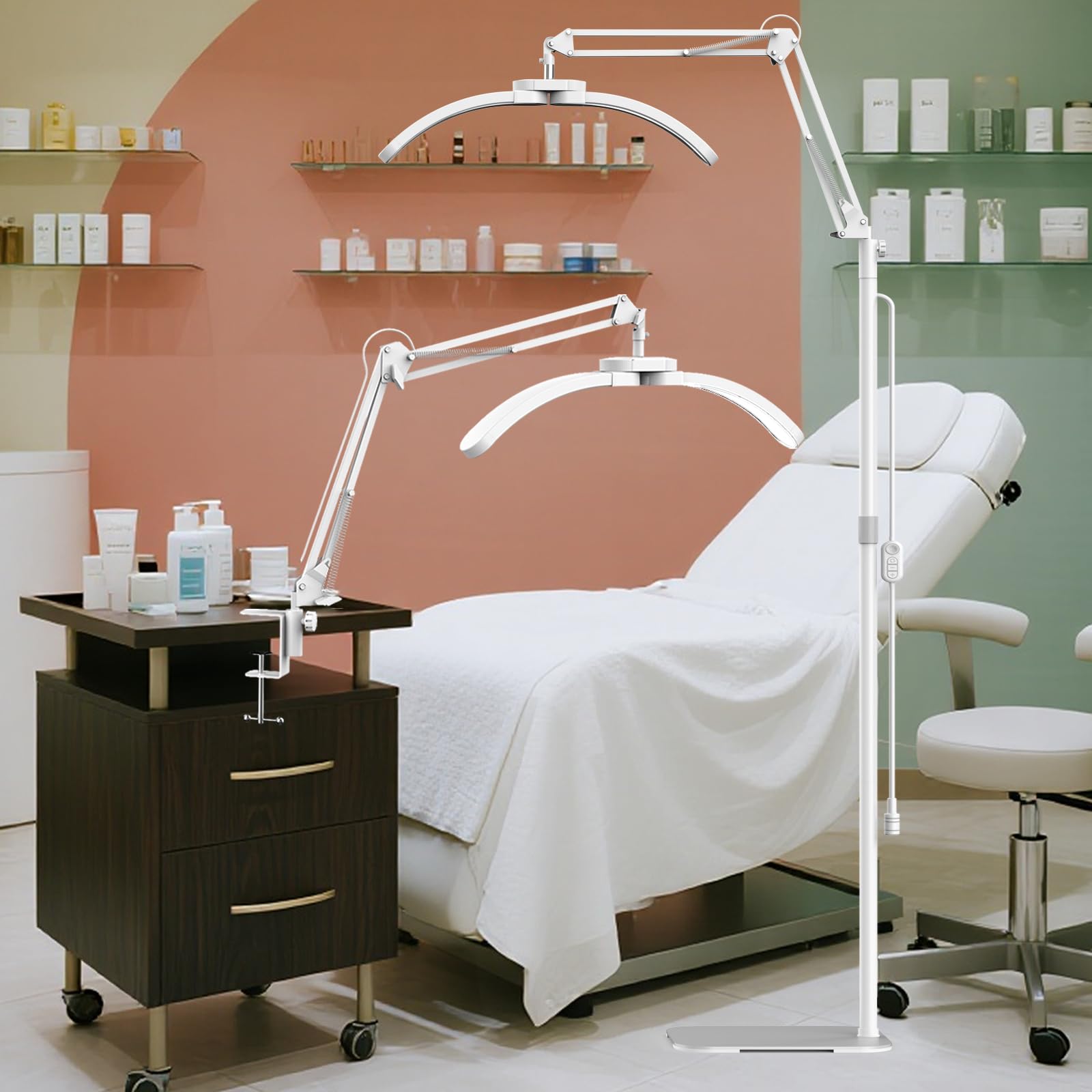 Lampe Extension de Cils Lampadaire LED, 2 in 1 Pliable Lampe Demi Lune avec Clips de Table pour Ongles, Dimmable Lampes Esthetique Professionnel pour Tatouage, Maquilleurs - Blanc