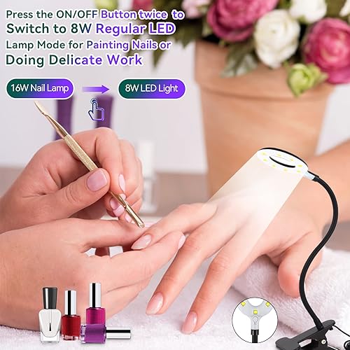 Miniatura 5 de XttnBM Lámpara de uñas LED UV USB de 16 W con clip para uñas de gel, 8 cuentas UVLED, cable de cuello de cisne flexible, tiempo de secado de 60