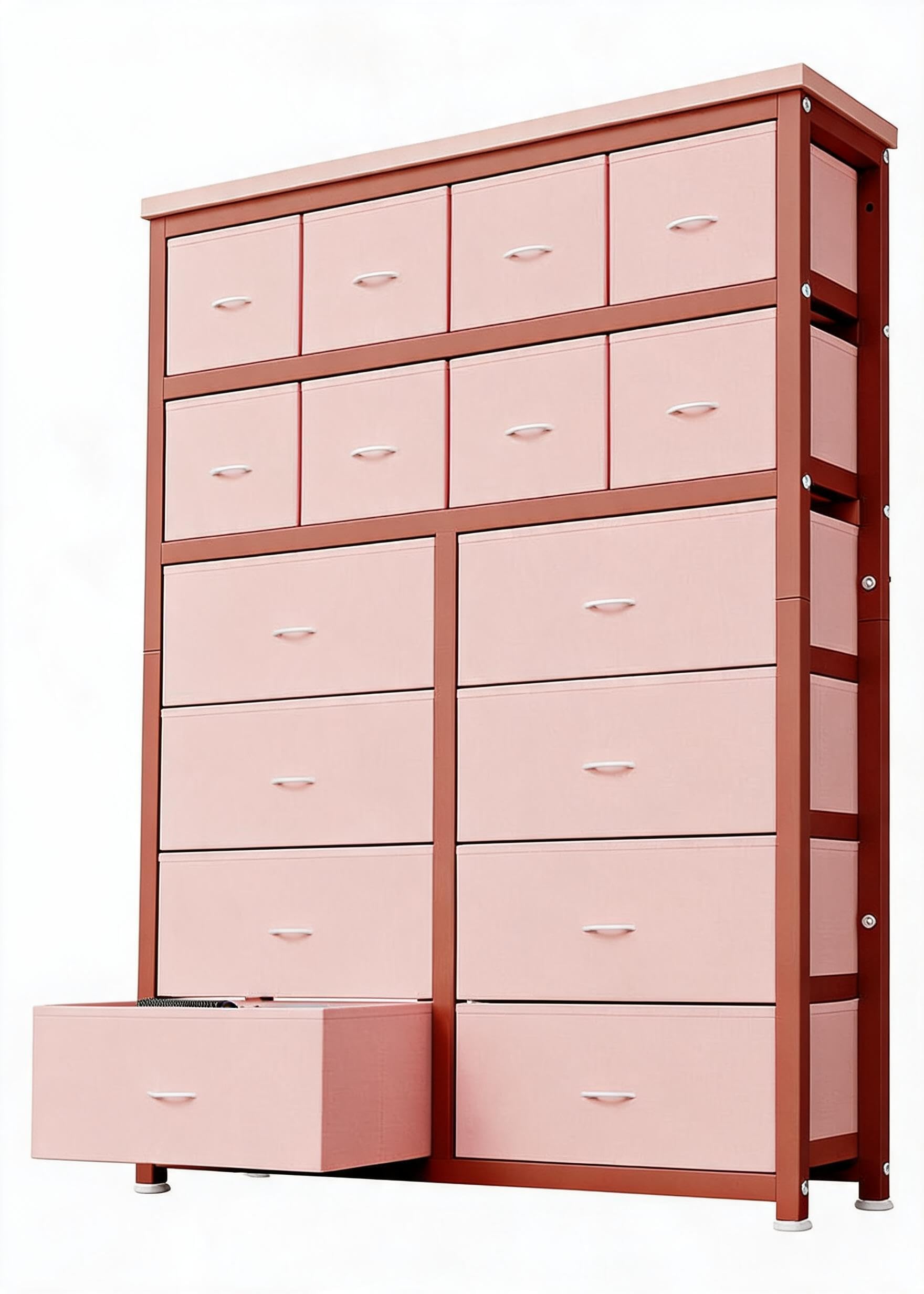 Acekool Vielseitige Hochkommode mit 16 Schubladen – Stabile Schlafzimmer-Kommode aus Stoff und Metallrahmen – Große Aufbewahrung, Holzplatte, modernes Design, ideal für Kinderzimmer – Farbe: Pink