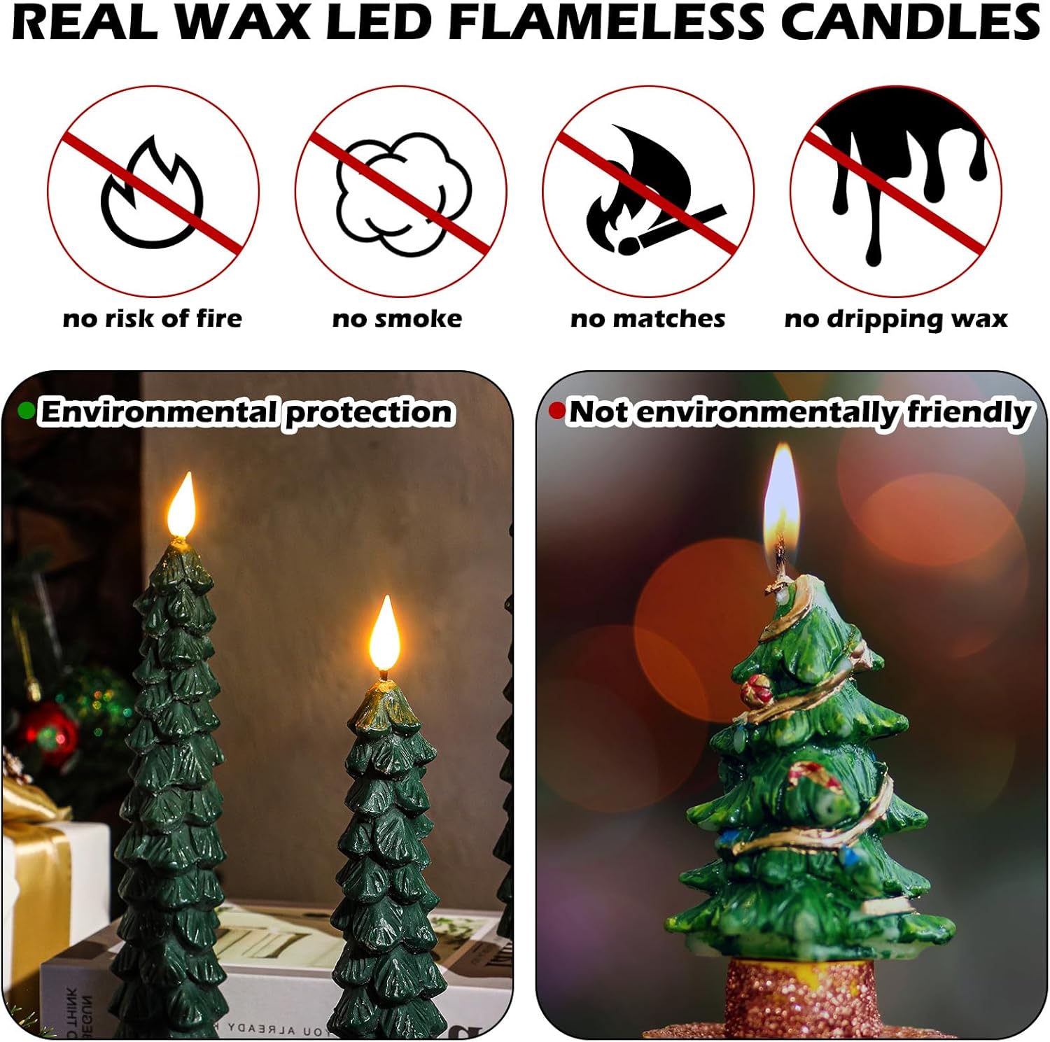 Funtery 6 Pcs LED Christmas Tree Flameless Taper Candles Real Wax Battery Operated Candlestick Lights with 3D Flame and Remote Timer Window Fireplace(Green,Christmas Tree)