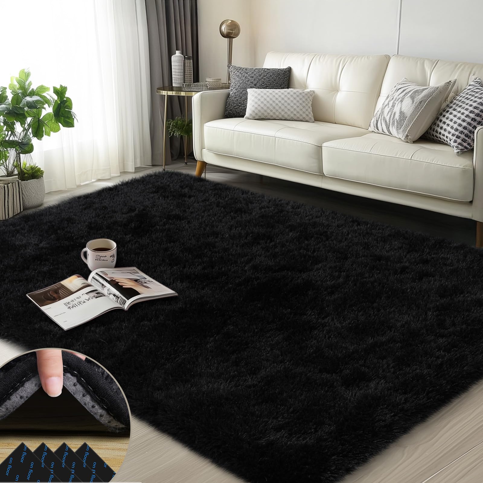 Mugorn Black Rugs for Bedroom, 3x5 Feet Fluffy Area Rugs for Living Room, Soft Shag Kids Rug Small Carpet with 4 Non-Slip Rug Pads (3ft x 5ft, Black)