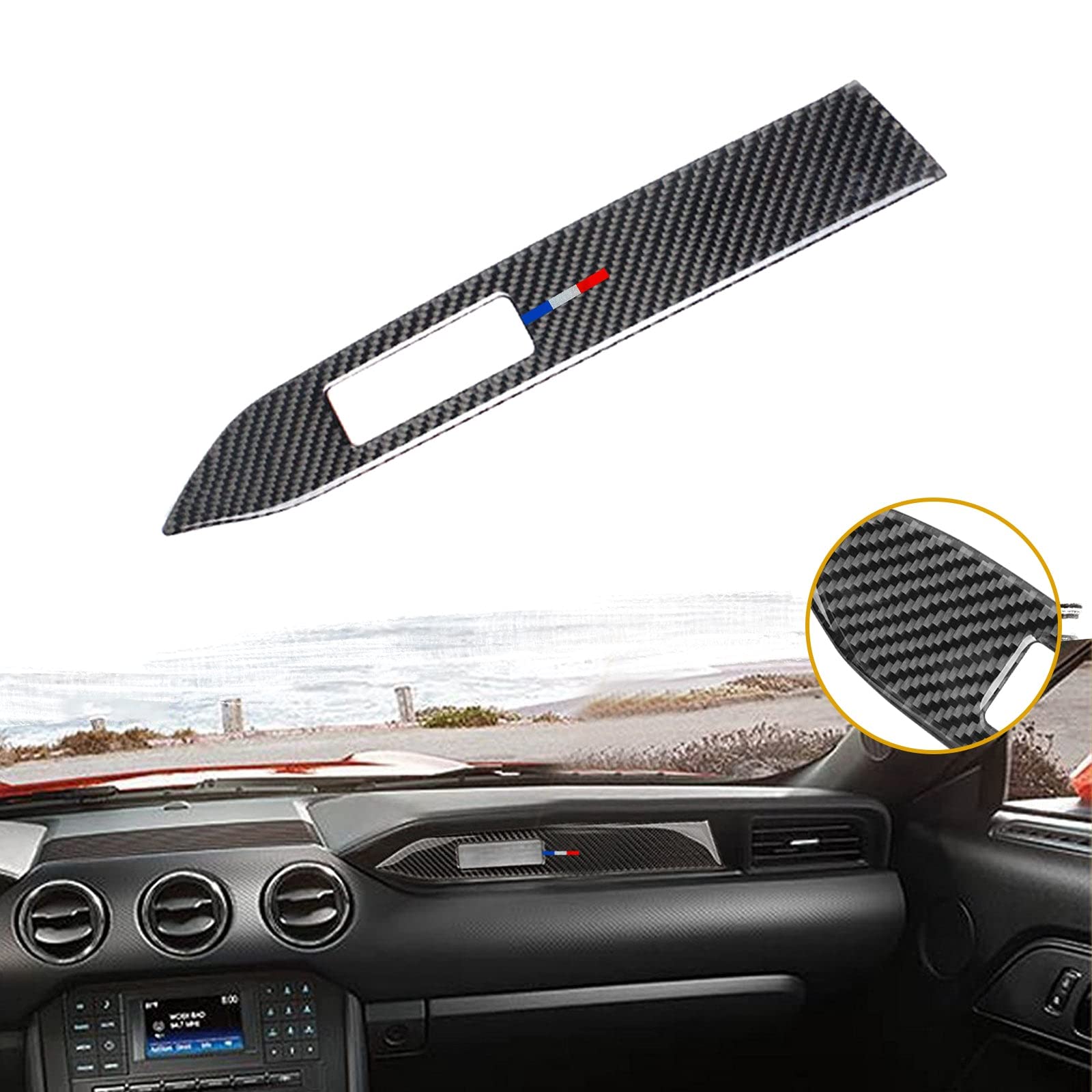 Xotic Tech Carbon Fiber w/ 3 Color Strips Dashboard Panel Strip Sticker Cover Trim Interior Accessories, Compatible with Ford Mustang 2015 2016 2017 2018 2019 2020 2021 2022 2023