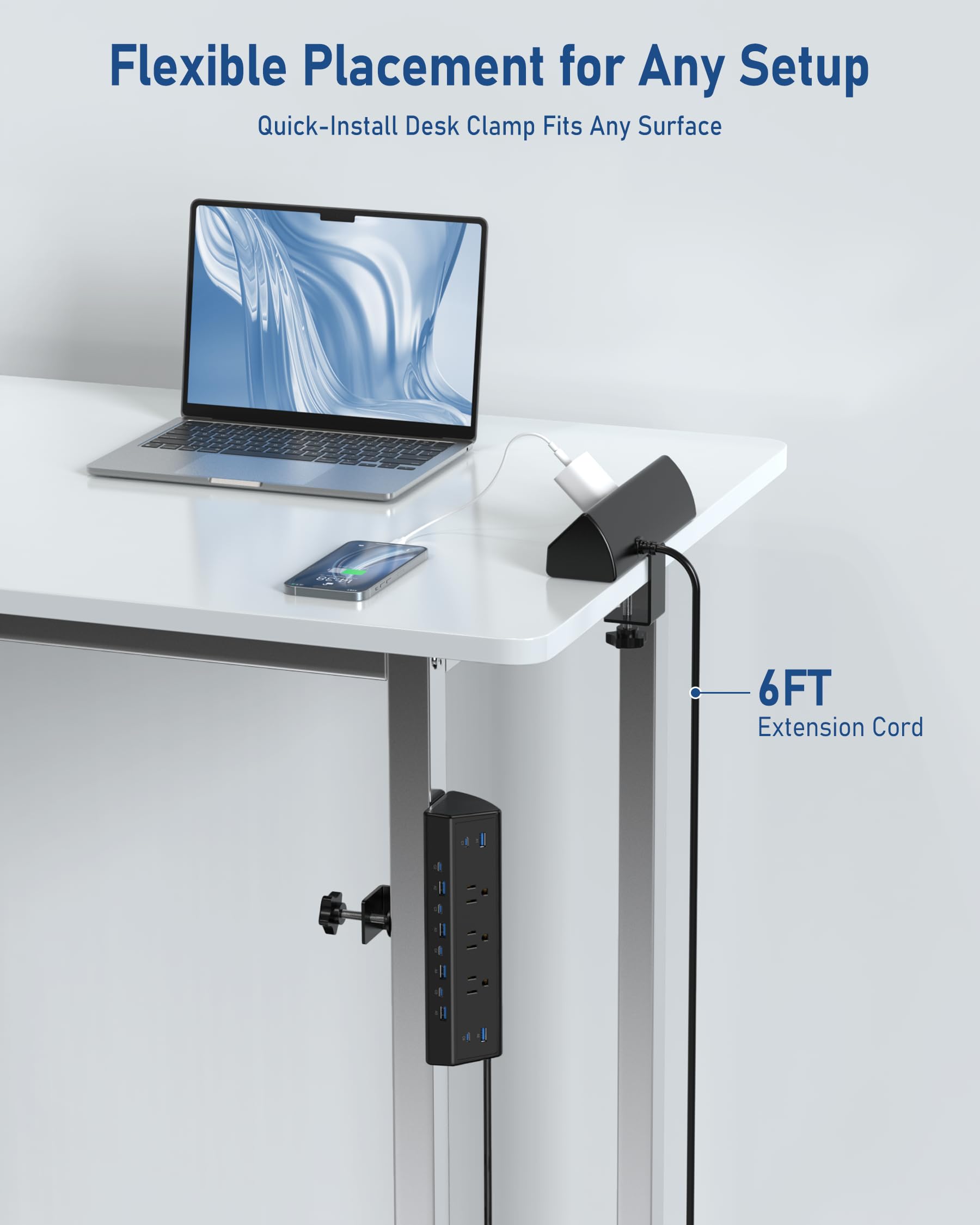 Jgstkcity Zasilacz zaciskowy biurkowy 130 W, 12 x USB (6 PD 65 W USB-C), zabezpieczenie przeciwprzepięciowe, przedłużacz koncentratora zasilania, w zestawie