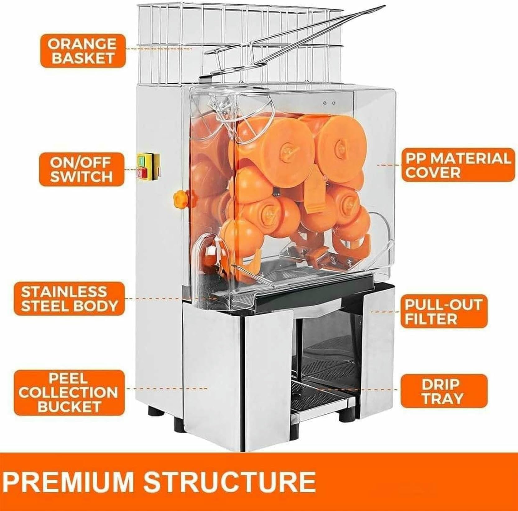 Exprimidor de Naranjas Comercial, Extractor automático de Jugo de 120 W, exprimidor de limón y cítricos, exprimidor Comercial de prensado en frío, con Caja de Filtro extraíble, Cub