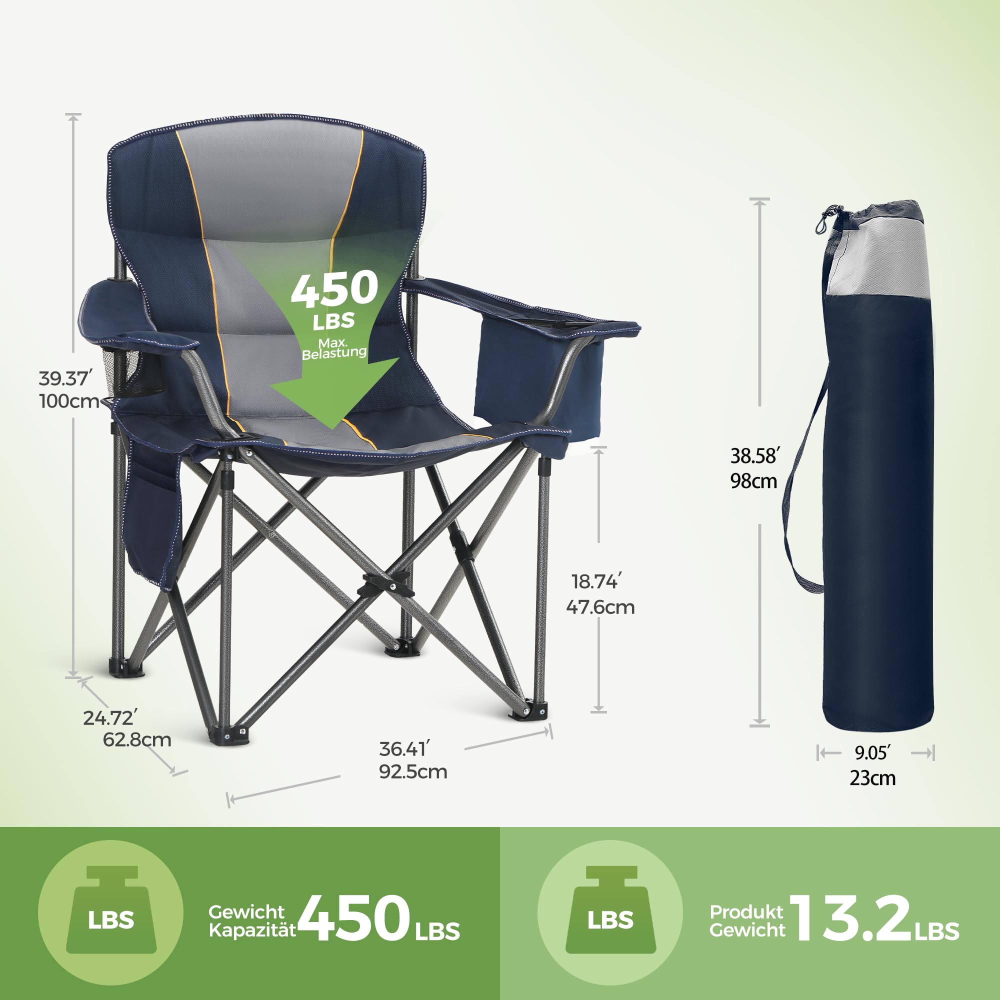LET'S CAMP Chaise de Camping Pliante surdimensionnée avec Porte-gobelets, Sac Isotherme, Chaise d'extérieur en Oxford 600D jusqu'à 200 kg