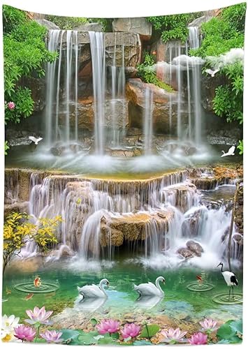 BELECO Tapiz de cascada de parque forestal, telón de fondo pintoresco de cisne, lago de loto, estanque de árboles verdes, fondo de fotos, tapiz de