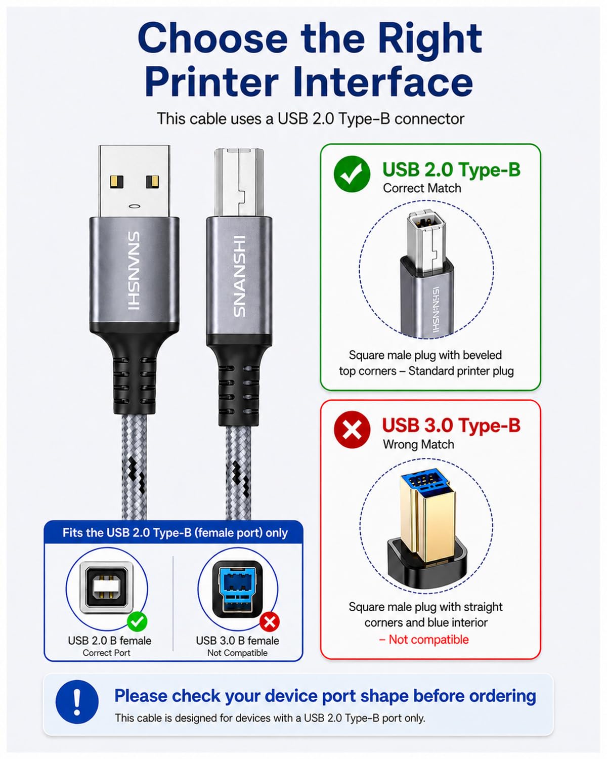 SNANSHI Cavo USB per stampante, 1,8 m, in nylon intrecciato ad alta velocità, USB 2.0 tipo A maschio a B maschio, cavo per stampante HP, Canon, Brother, Epson, cavo MIDI per interfaccia audio