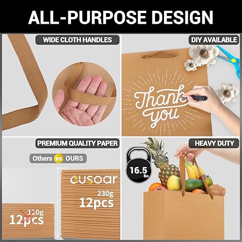 Miniatura 3 de EUSOAR Bolsas grandes de papel kraft con asas, paquete de 25 bolsas de regalo de papel de 9.8 x 5.1 x 12.6 pulgadas, bolsa de compras y mercancía